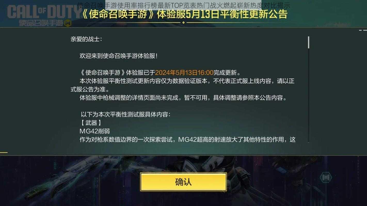 使命召唤手游使用率排行榜最新TOP览表热门战火燃起崭新热度对比揭示