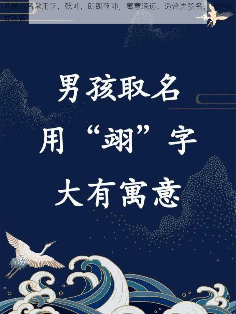 坤是取名常用字，乾坤，朗朗乾坤，寓意深远，适合男孩名，也适合女孩名